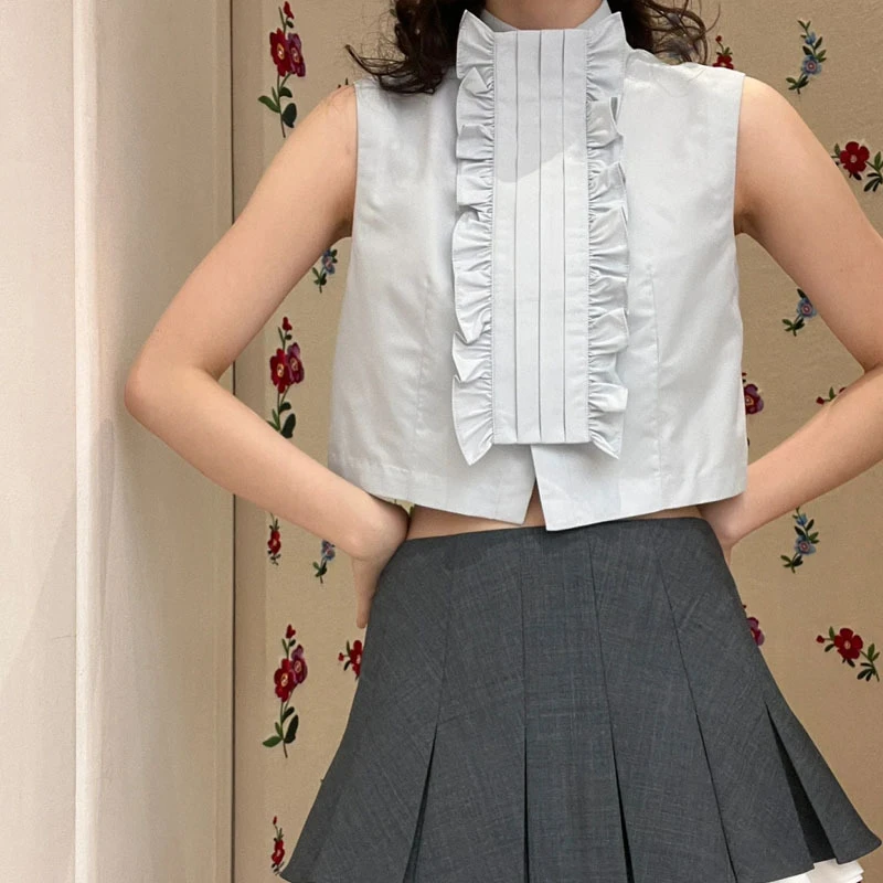 塔片无袖短款衬衣上衣女百搭