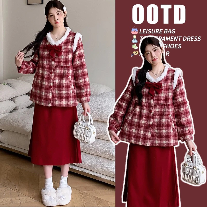 2024新款秋冬装 加厚红格上衣半身裙套装显瘦时尚复古红色孕妇