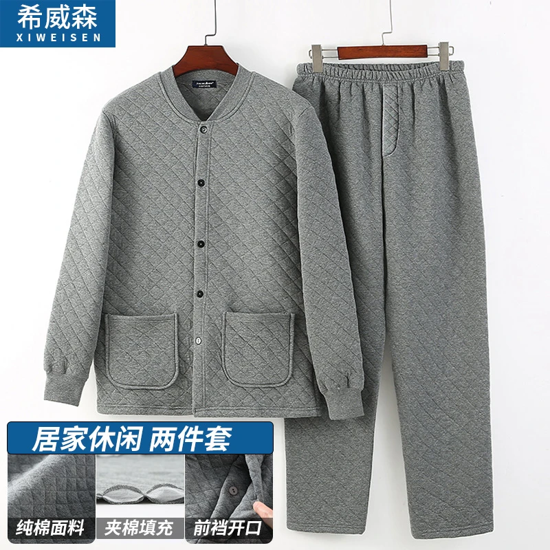 中老年男士纯棉保暖两件套装爷爷棉裤爸爸冬装加厚棉袄老人家居服