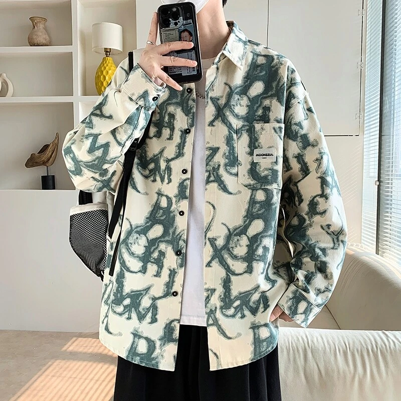 Mexican/稻草人春季男百搭痞帅港风宽松字母印花外套翻领长袖衬衫
