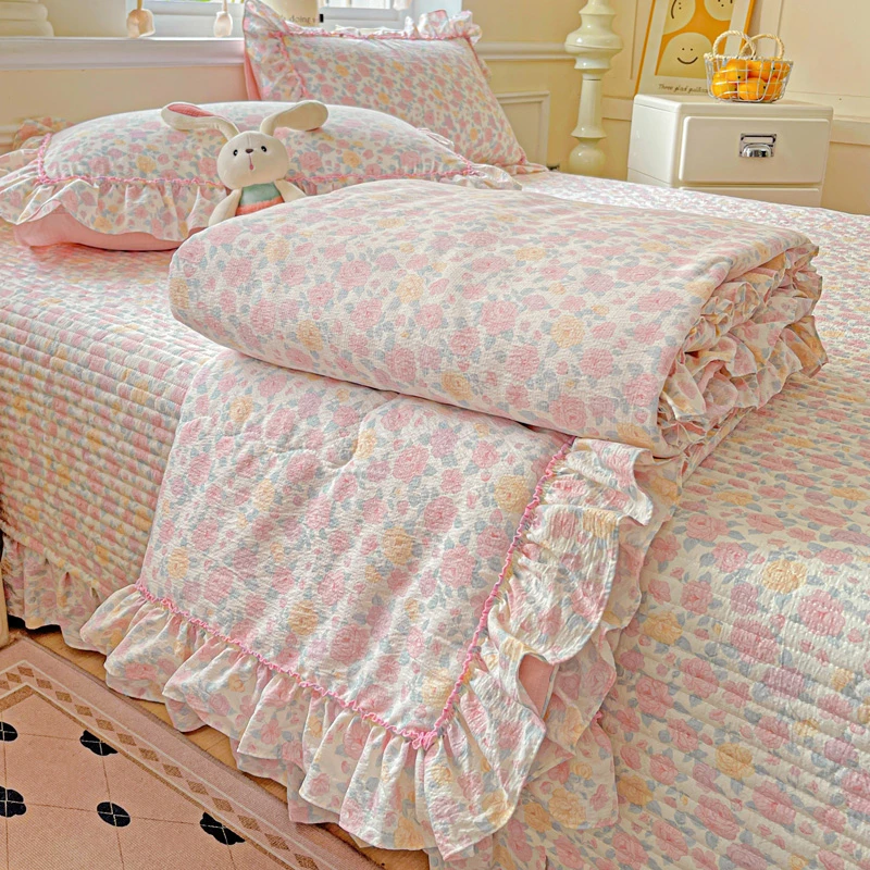 【A类皱皱双层纱】夏季木棉床单床裙床盖被套夏凉被四件套透气机洗