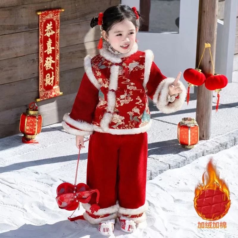 女童冬款加厚唐装套装2026拜年服儿童加绒中国风女宝喜庆红色衣服