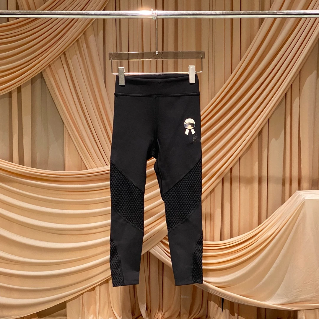 未使用 FENDI/芬迪 黑色拼接透气网字母印花健美裤/36码/31815