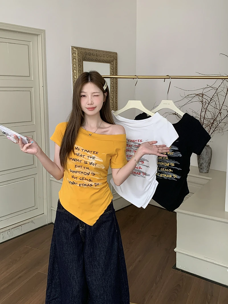 【柳儿】2025夏装新款胖mm大码女甜美纯欲印花不对称露肩短袖T恤