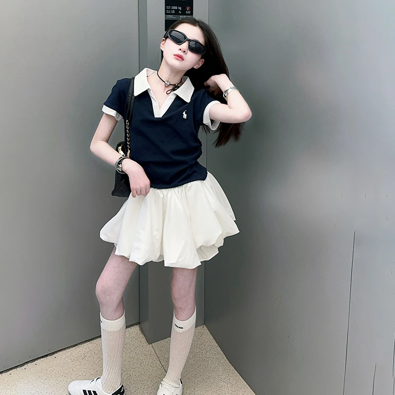 女童夏装2025新款中大童韩系花苞裙网球女孩两件套洋气时尚学院风