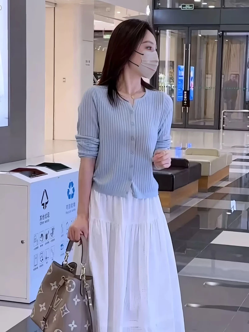 韩系剪刀领长袖针织开衫多层立体感裙摆花边拼接半身裙