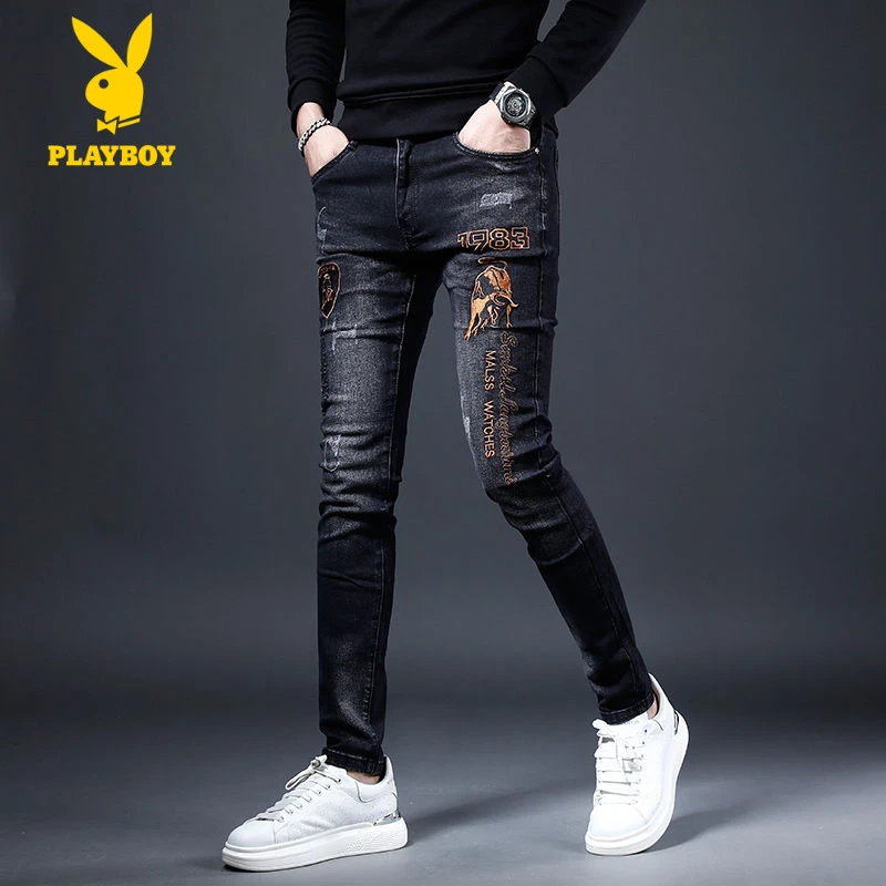 花花公子春夏刺绣潮牌牛仔裤男常规新款修身小脚韩版潮流休闲裤