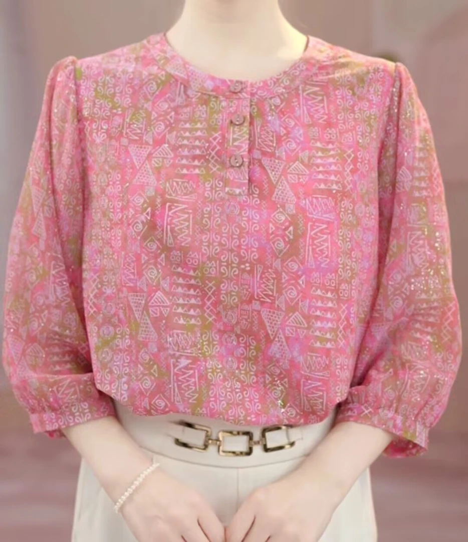 【洒银工艺】薄款夏季七分袖冰丝雪纺衬衫宽松大码胖mm显瘦防晒小衫