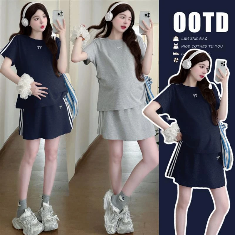 夏季蝴蝶结刺绣褶皱收腰撞色休闲上衣+托腹短裙套装孕妇装两件套