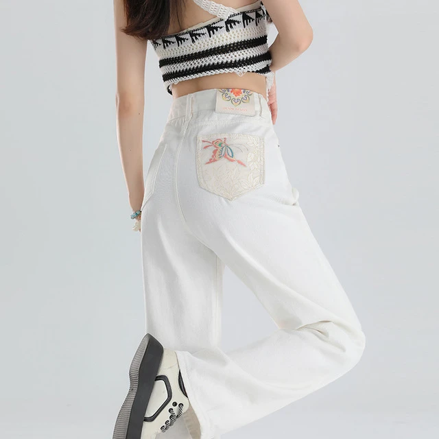 白色直筒牛仔裤女春秋2024年新款宽松高腰小个子窄版阔腿裤子夏季