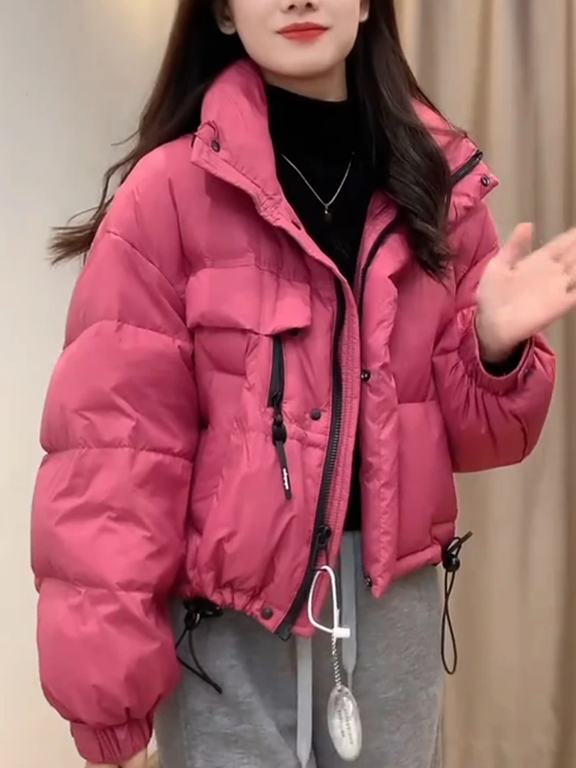 小个子短款立领树莓色外套韩系气质宽松显瘦加厚漂亮保暖羽绒服女