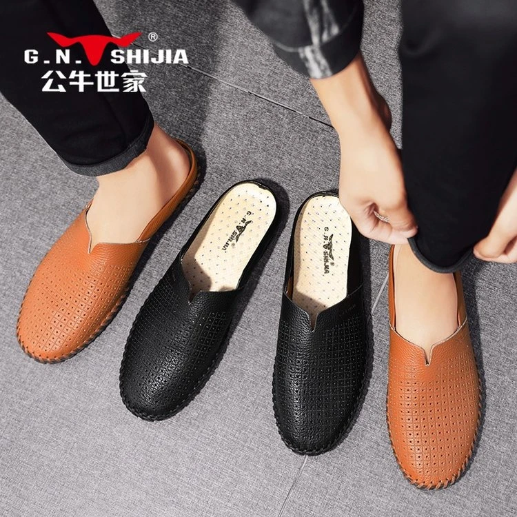 公牛世家豆豆鞋男款夏季透气镂空休闲皮鞋真皮懒人包头鞋时尚男鞋
