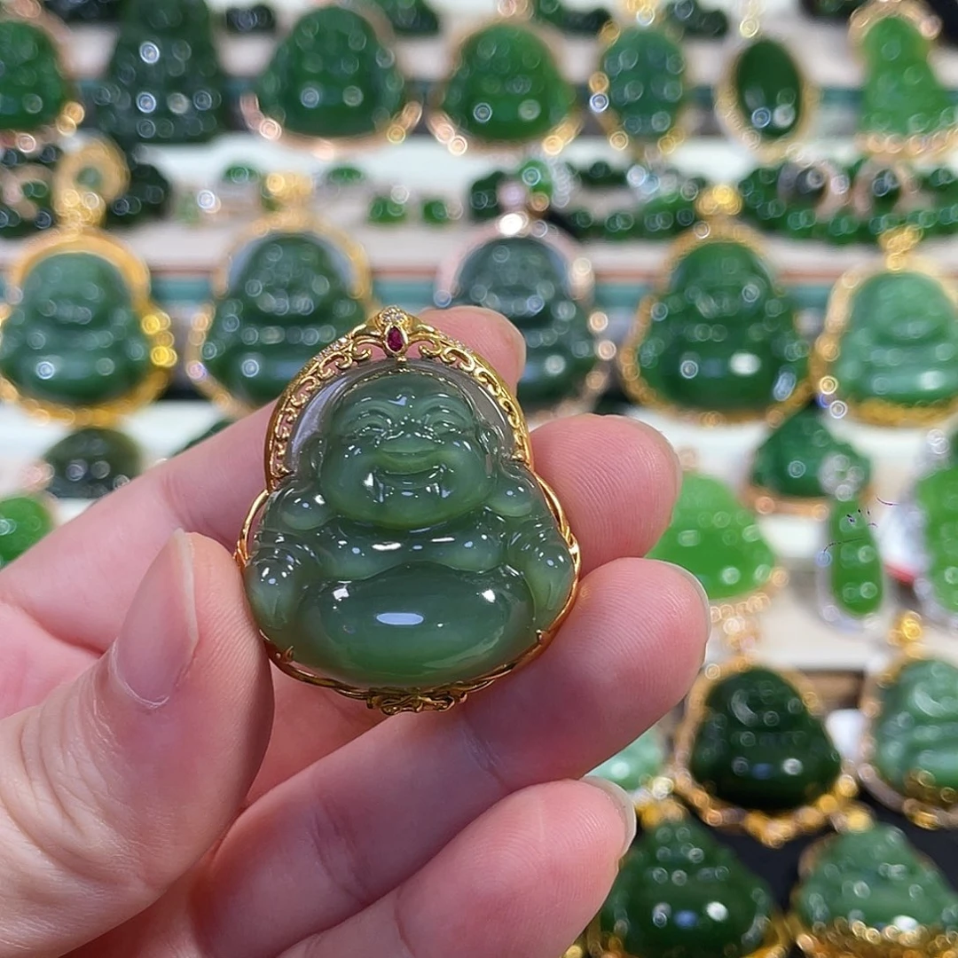 和田玉（碧玉）18K金镶嵌颈饰猫眼佛公30