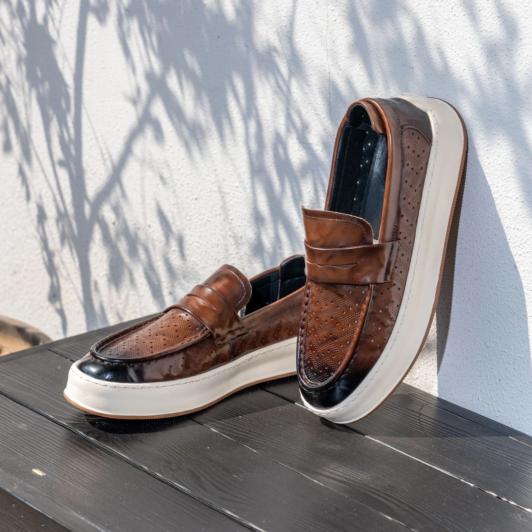 法牧鹰品牌镂空透气休闲乐福鞋复古风黑色休闲鞋潮流轻便百搭男鞋