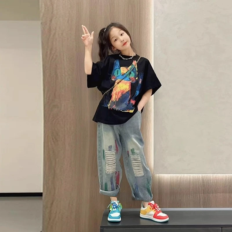 女童炸街夏装套装2025新款儿童女孩洋气时髦短袖大童潮酷牛仔裤夏