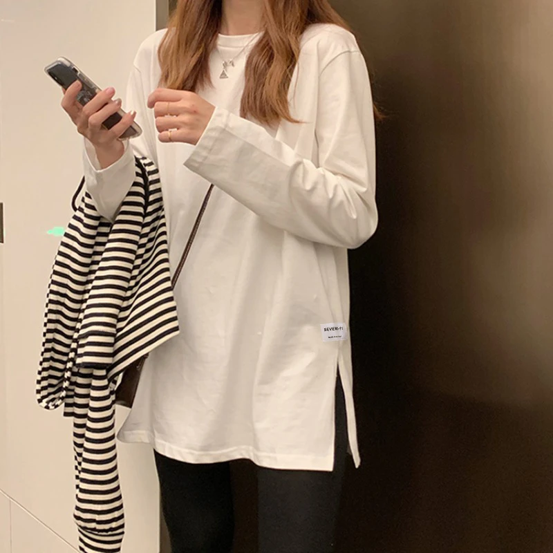 打底衫女春秋冬装2025新款设计感开叉纯棉T恤长袖中长款内搭白色