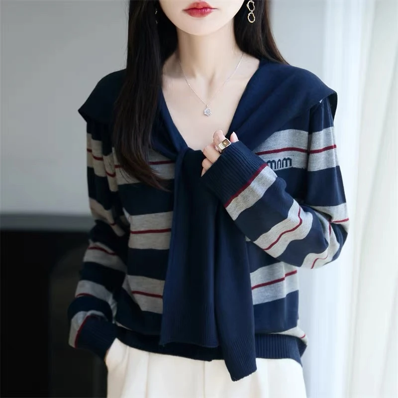 【两件套】披肩针织衫秋冬新款宽松条纹毛衣洋气大码时尚百搭上衣