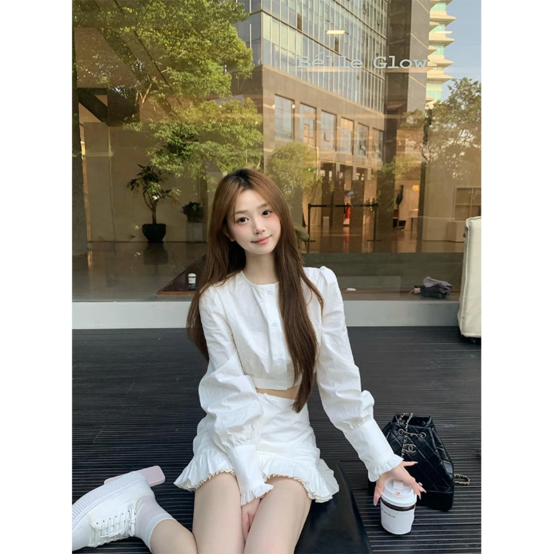 富家千金气质套装夏季韩系温柔长袖短款衬衫高腰显瘦百搭半身裙女