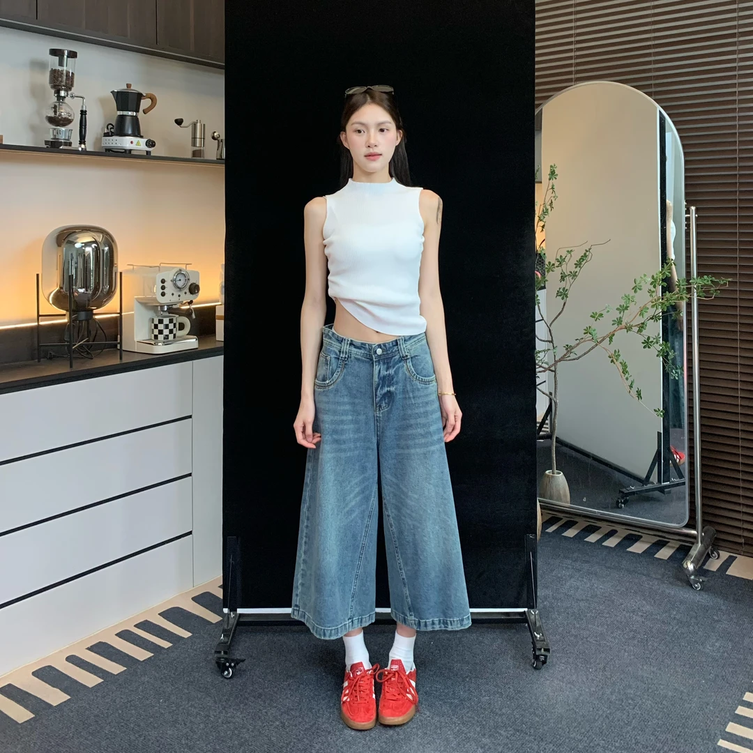 肚子9302复古街头中性时髦八分牛仔裤女宽松显瘦阔腿高腰水洗牛仔