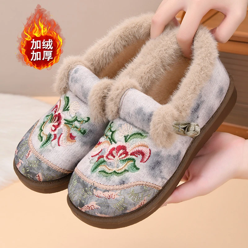 2025新款冬季老北京棉鞋女士加绒加厚保暖妈妈鞋一脚蹬厚底绣花鞋