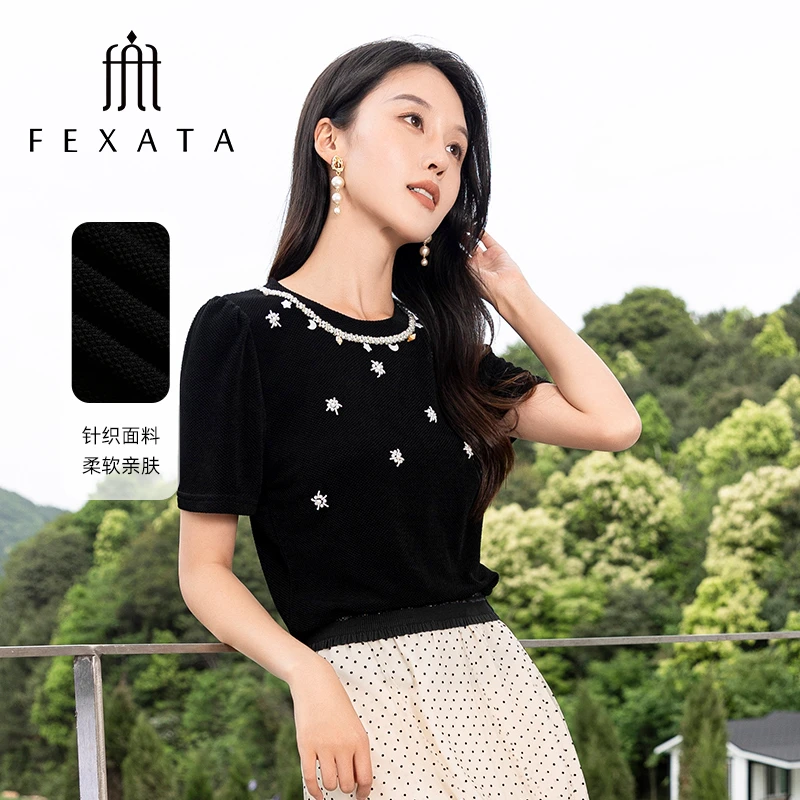 FEXATA斐格思2025夏季新品圆领手工钉珠设计百搭短袖针织衫上衣女