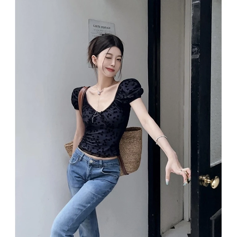 法式泡泡袖蝴蝶网纱短袖T恤女夏季新款时尚纯欲辣妹修身短款上衣
