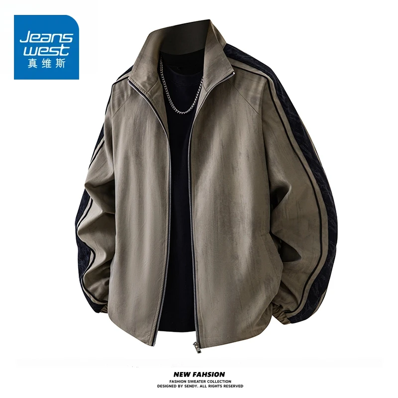 真维斯大码美式休闲扎染脏脏风夹克男帅气宽松立领外套微胖子男生