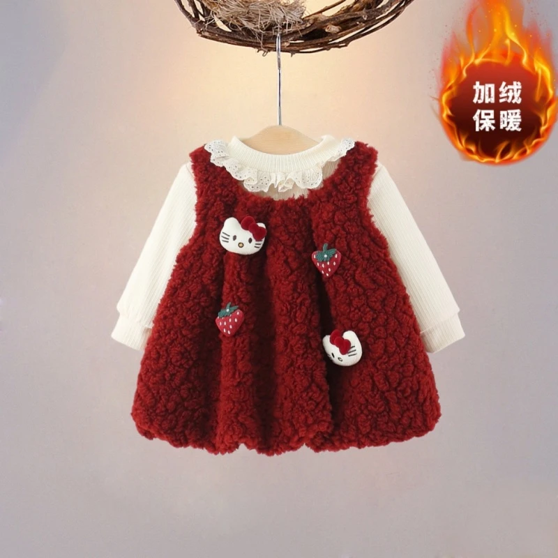 女童连衣裙秋冬装加绒保暖女孩红色草莓卡通背心二件套洋气公主裙