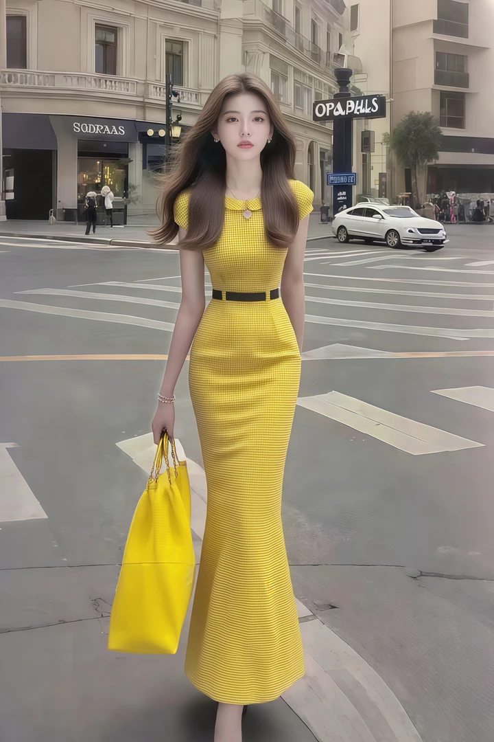 时尚新款小众轻奢高级黄色修身圆领收腰包臀连衣裙女显瘦气质长裙