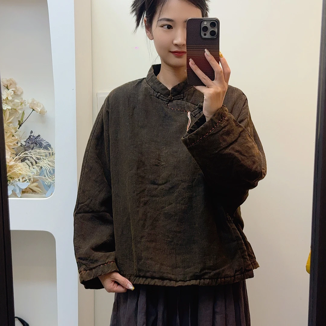 【羽翎】冬季新款国服做旧复古夹棉盘扣女士棉服 5803