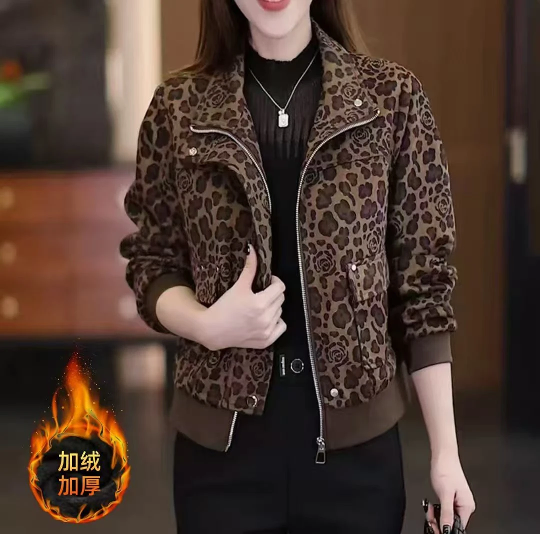 加绒加厚豹纹外套女2025年秋冬季新款短款时尚百搭洋气外衣
