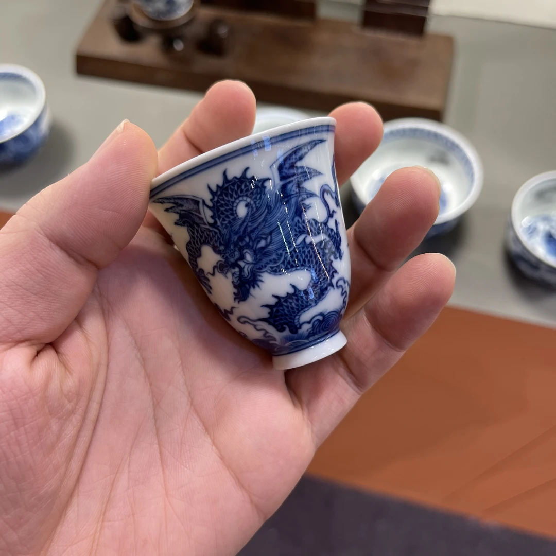 钟家窑 柴窑 纯手绘 青花 应龙铃铛杯