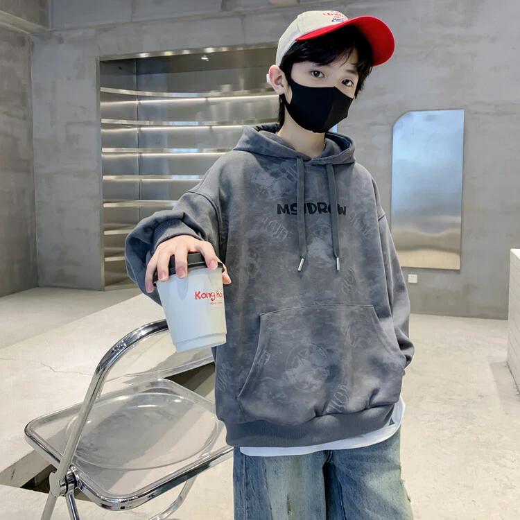 男童连帽卫衣春秋款2025新款大童加绒上衣运动冬装男孩休闲衣服潮