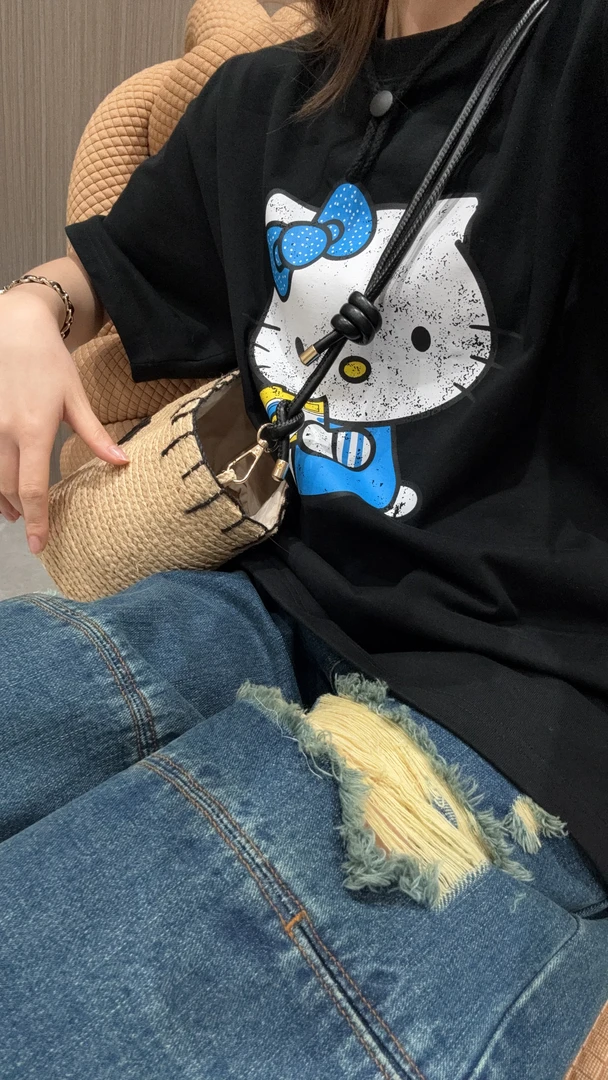 舟舟【做旧kitty】短袖休闲夏季宽松圆领卡通百搭