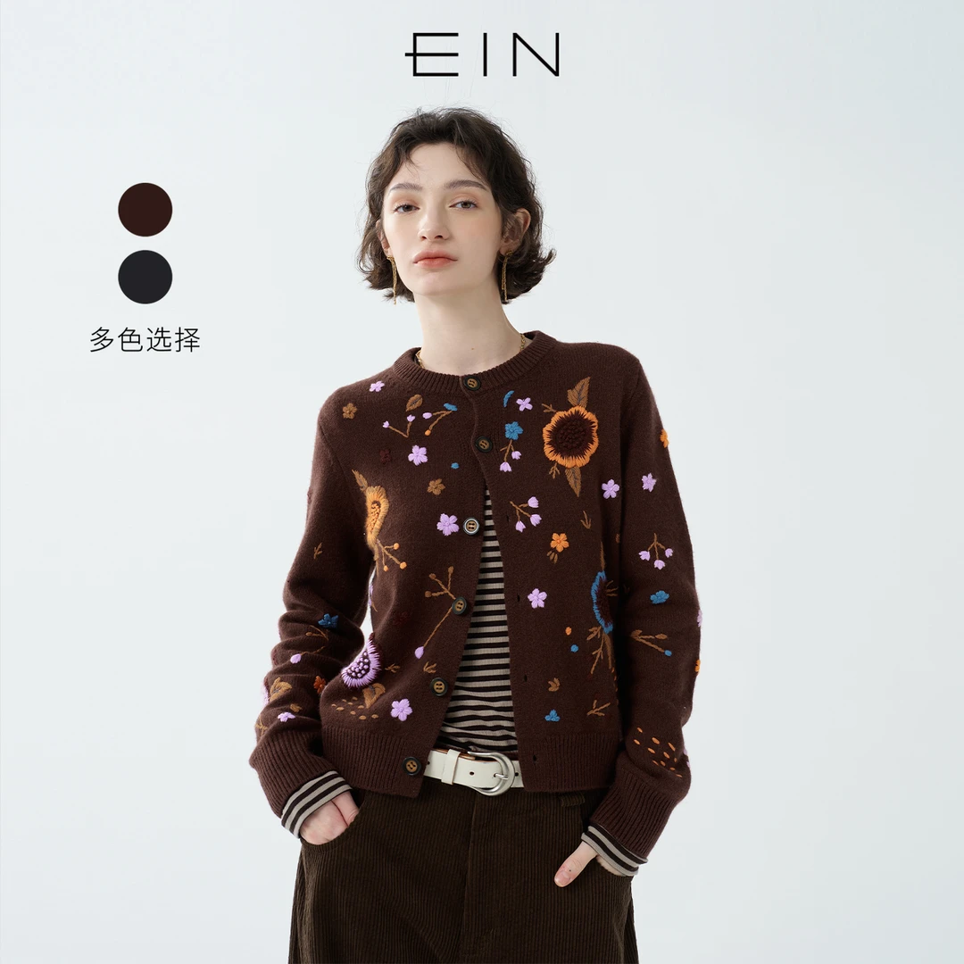 EIN/言多巴胺花卉绣花绵羊毛复古针织开衫外套2025早秋新款