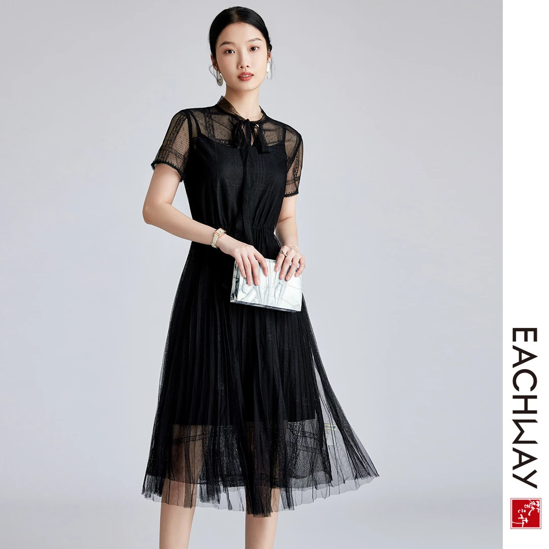 艺之卉网纱连衣裙两件套时尚系带领收腰连衣裙百褶a字裙中长款裙