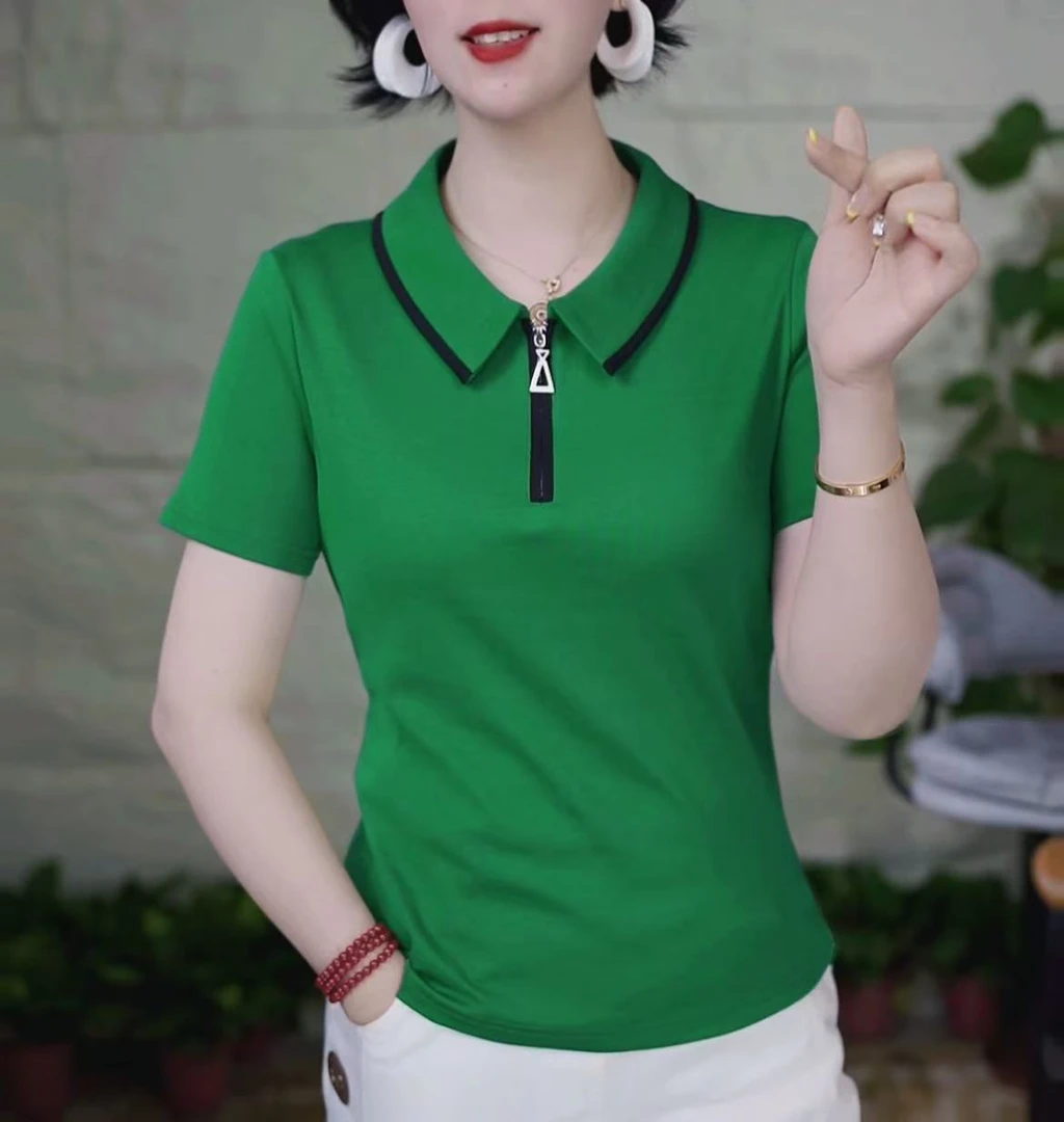 2025夏季新品翻领短袖正肩T恤宽松时尚洋气百搭修身短款女士上衣
