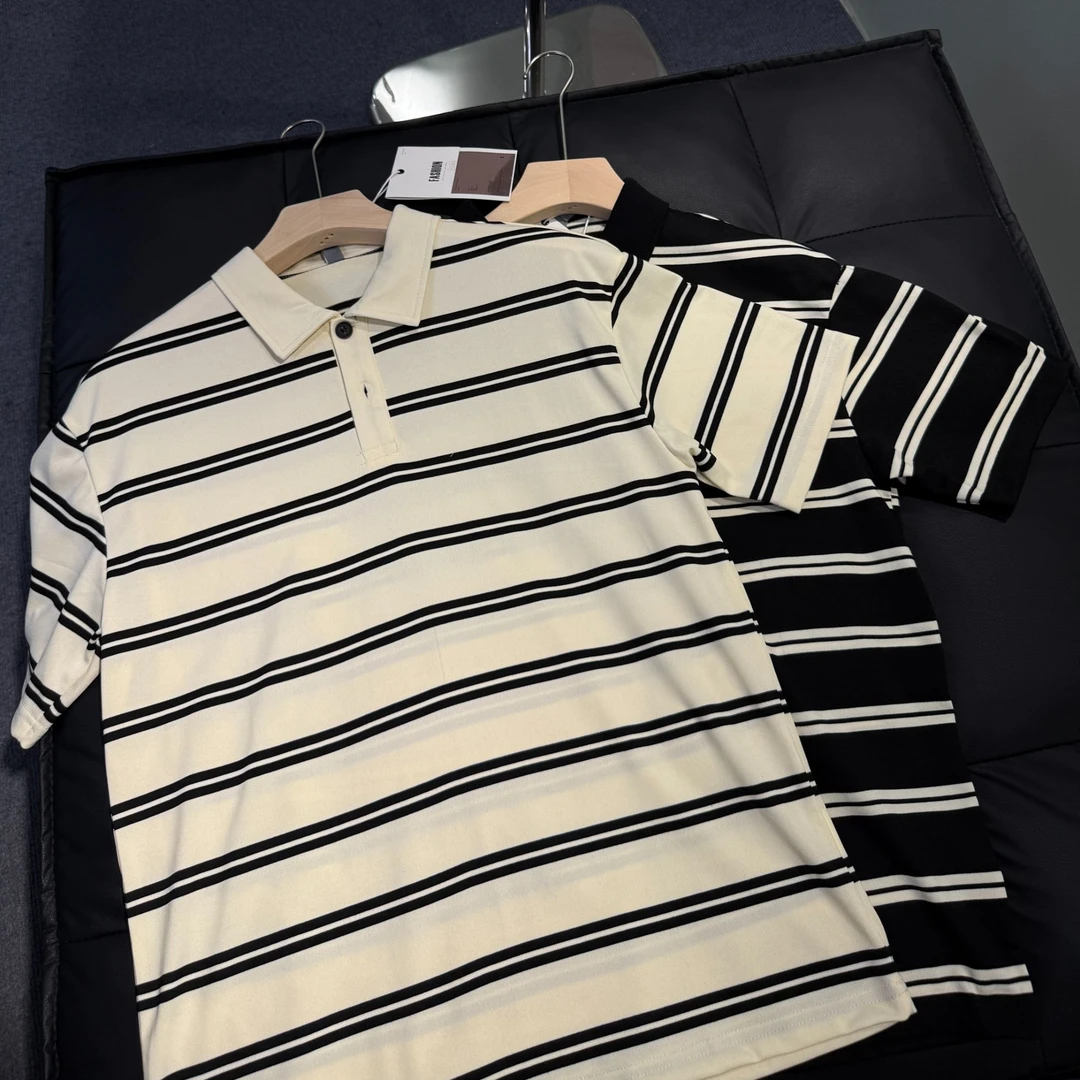 实拍夏季条纹短袖Polo衫男宽松百搭韩版翻领短袖T恤上衣黑白男士