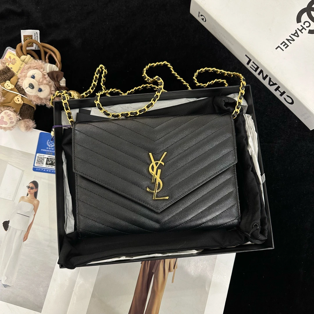 95新 YSL/圣罗兰 YSL圣罗兰 黑金鱼子酱信封手拿包单肩斜挎包