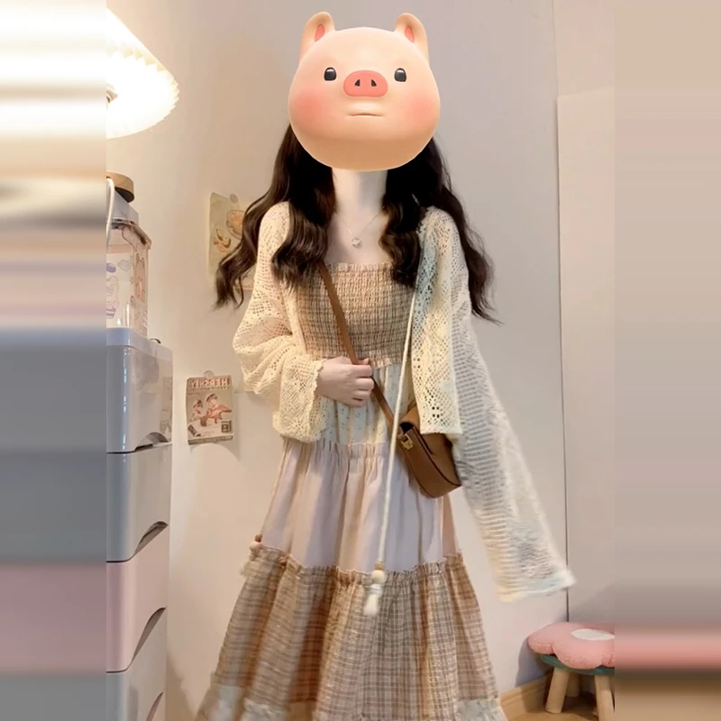 2025新款法式度假风吊带连衣裙子女春夏独特漂亮拼接长裙开衫套装