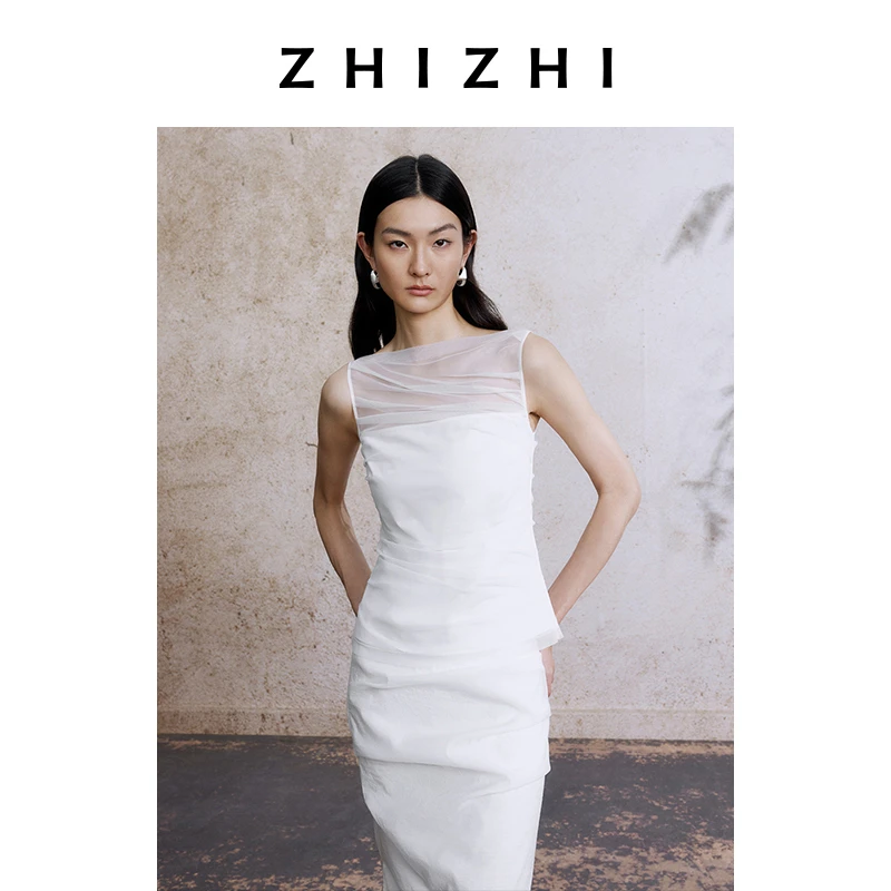 致知 浣纱溪 网纱双层清透T恤女2025夏新款一字领ZZ2EMWT1074