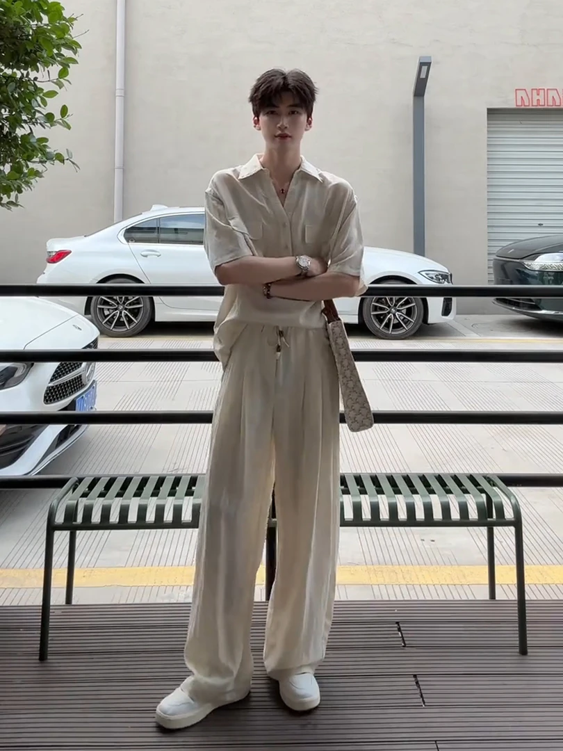 米杏色天丝亚麻男装套装老钱风短袖衬衫阔腿裤子两件套男夏季痞帅