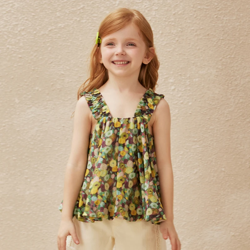 ff&dd童装2024夏季衬衫女童气质设计感无袖衬衫碎花宽松短款上衣