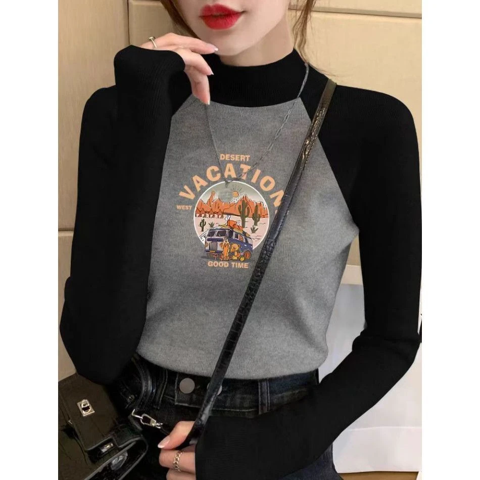 长袖修身型休闲风复古风抗皱T恤显瘦打底衫洋气