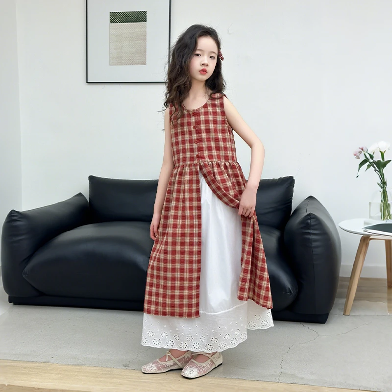 女童红色格子连衣裙2026夏季新款儿童背心长裙小女孩公主裙子夏装