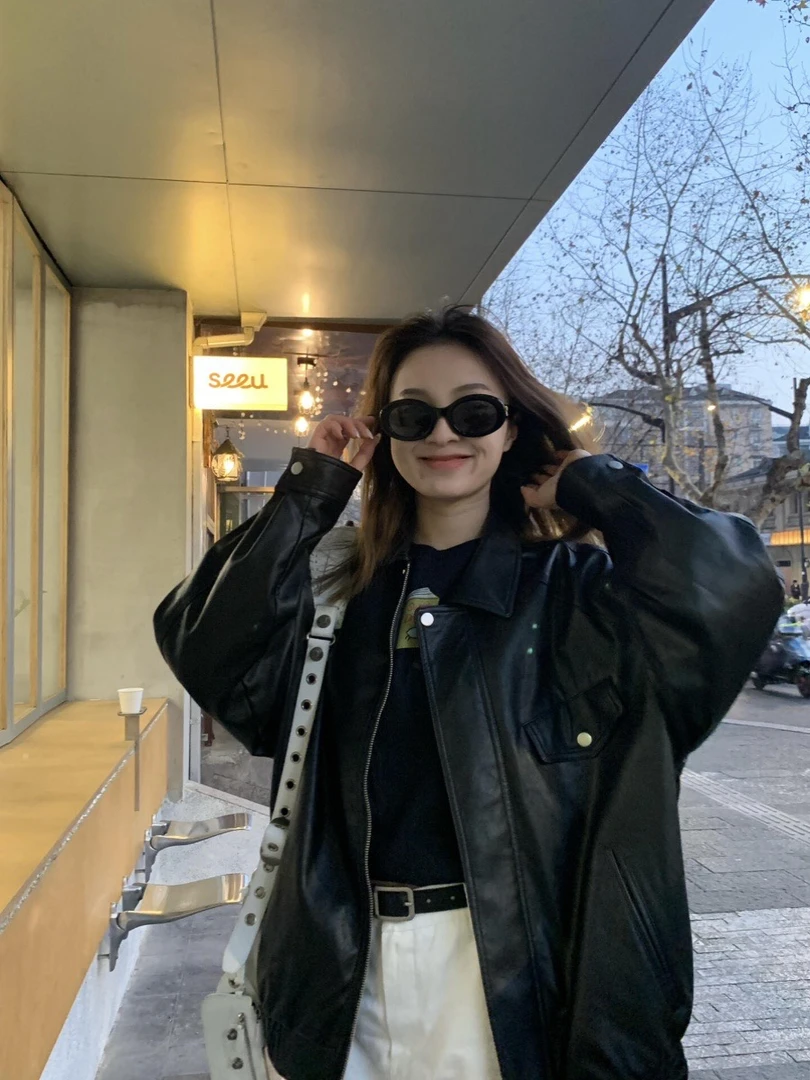 翻领PU皮衣短款女复古夹克显瘦外套美式机车服宽松新款皮衣女款