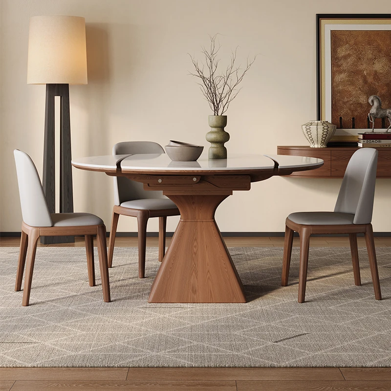 岩板伸缩餐桌家用小户型可变圆桌北欧圆形方圆两用实木折叠吃饭桌