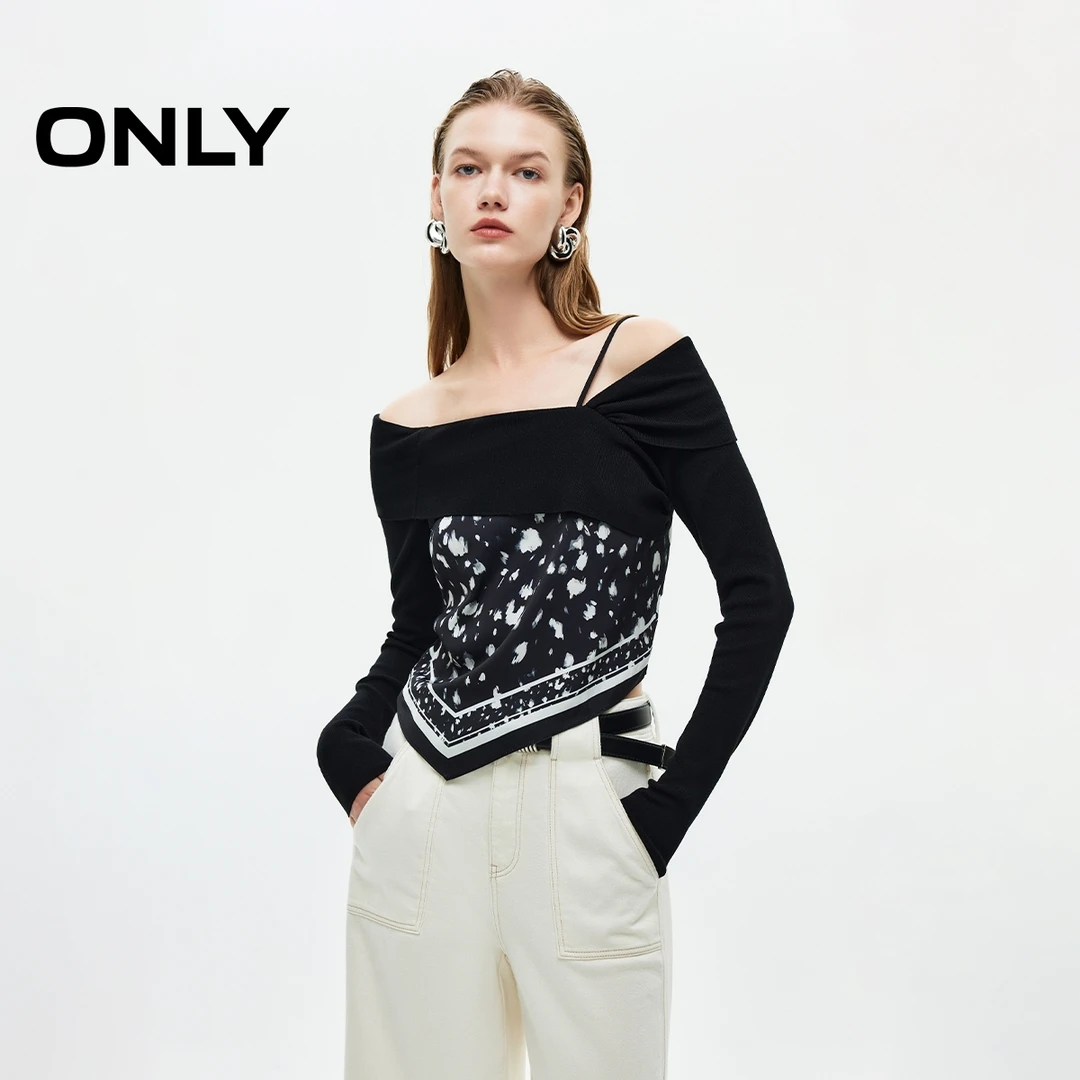 ONLY2025秋季新款一字肩针织拼接设计长袖短款蕾丝衫女|125351002