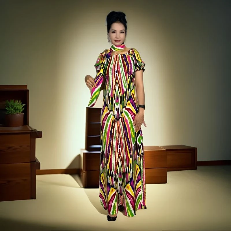 网红艾特莱斯夏季连帽A字裙印花套头连衣裙流苏旗袍千金风清凉感