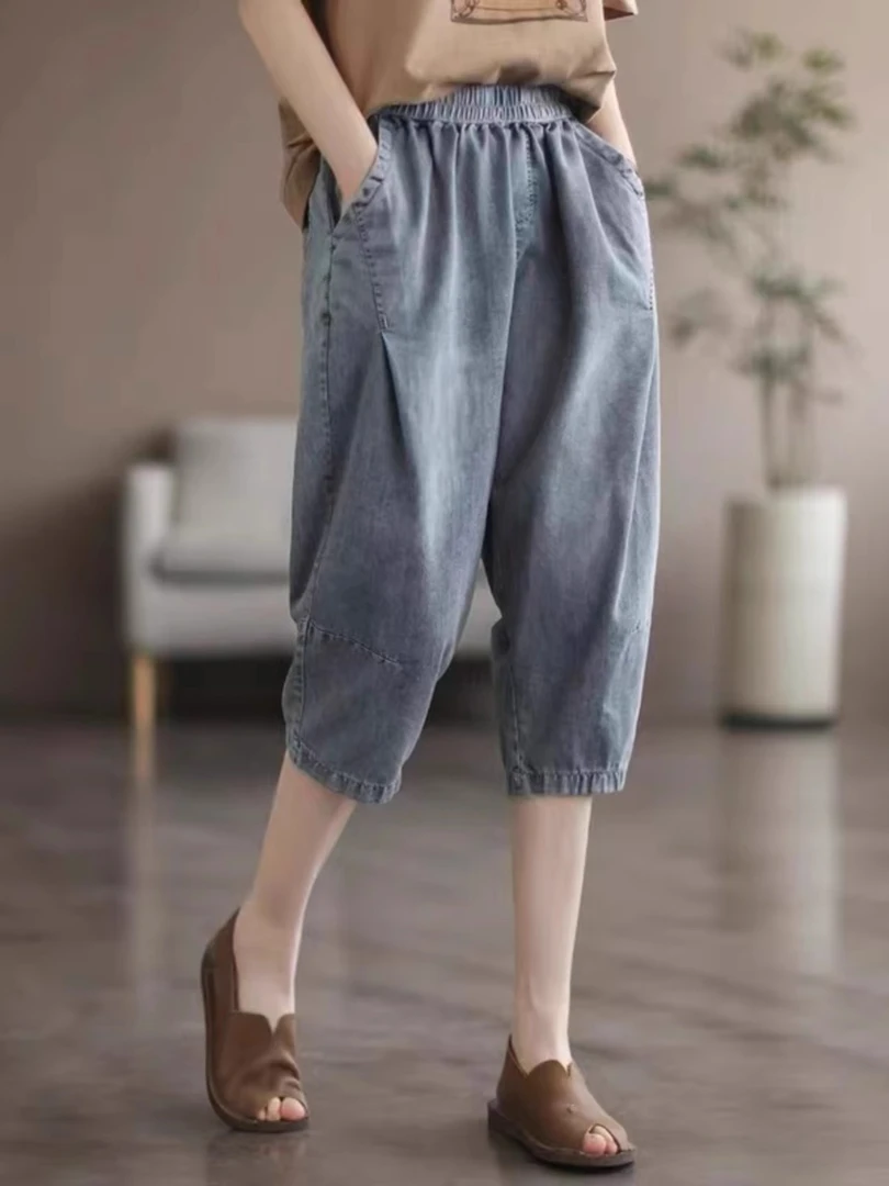 做旧水洗牛仔七分裤女夏季薄款宽松显瘦百搭复古大码哈伦萝卜裤